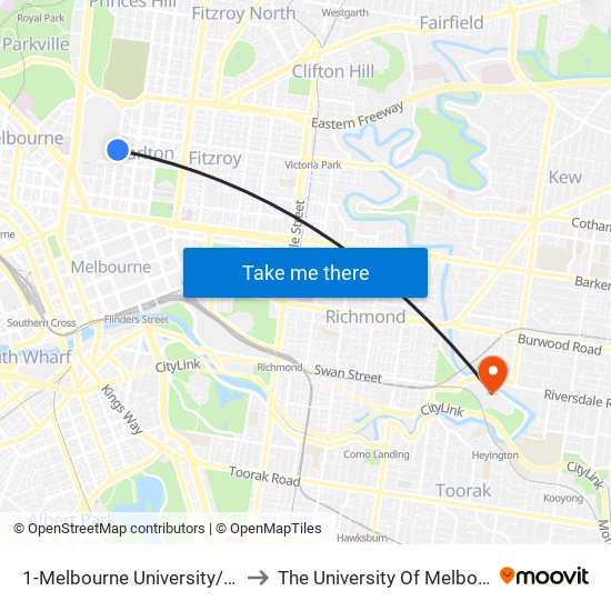 1-Melbourne University/Swanston St (Carlton) to The University Of Melbourne Burnley Campus map