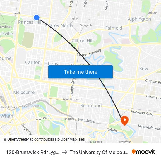 120-Brunswick Rd/Lygon St (Brunswick) to The University Of Melbourne Burnley Campus map