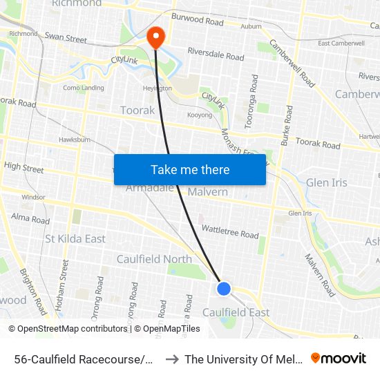 56-Caulfield Racecourse/Normanby Rd (Caulfield East) to The University Of Melbourne Burnley Campus map