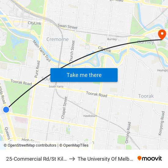25-Commercial Rd/St Kilda Rd (Melbourne City) to The University Of Melbourne Burnley Campus map
