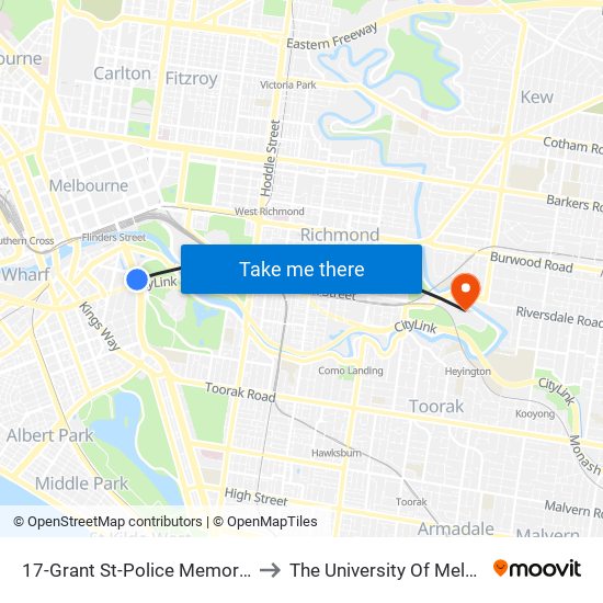 17-Grant St-Police Memorial/St Kilda Rd (Southbank) to The University Of Melbourne Burnley Campus map