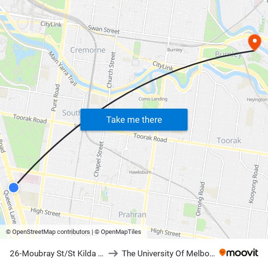 26-Moubray St/St Kilda Rd (South Melbourne) to The University Of Melbourne Burnley Campus map