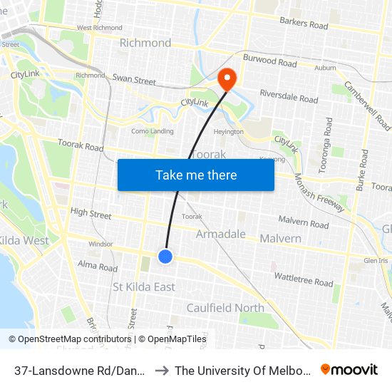 37-Lansdowne Rd/Dandenong Rd (Prahran) to The University Of Melbourne Burnley Campus map