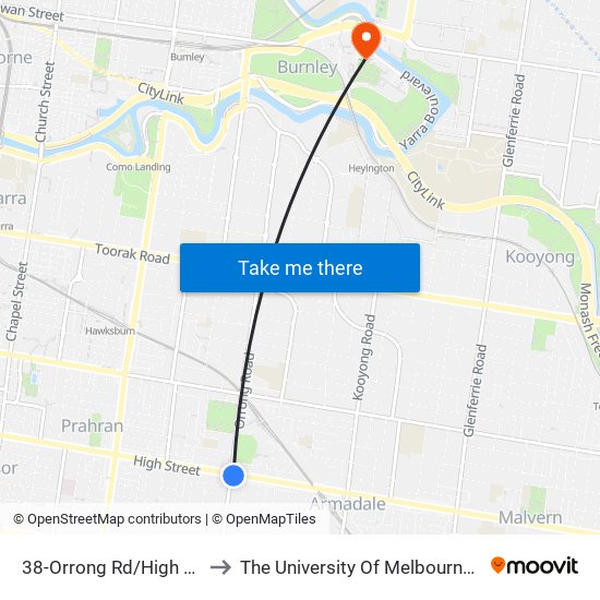 38-Orrong Rd/High St (Armadale) to The University Of Melbourne Burnley Campus map