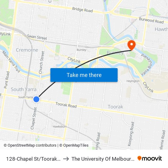 128-Chapel St/Toorak Rd (South Yarra) to The University Of Melbourne Burnley Campus map