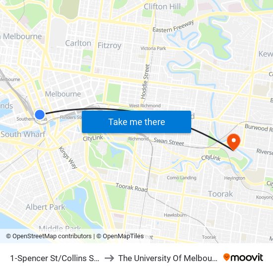 1-Spencer St/Collins St (Melbourne City) to The University Of Melbourne Burnley Campus map