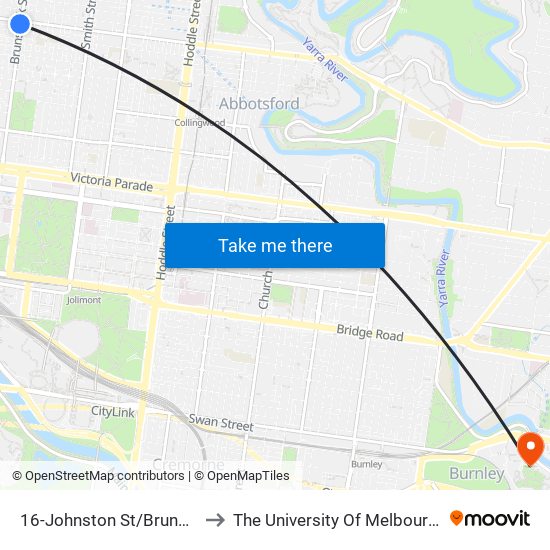 16-Johnston St/Brunswick St (Fitzroy) to The University Of Melbourne Burnley Campus map