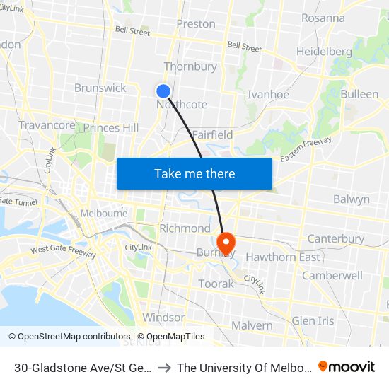 30-Gladstone Ave/St Georges Rd (Northcote) to The University Of Melbourne Burnley Campus map