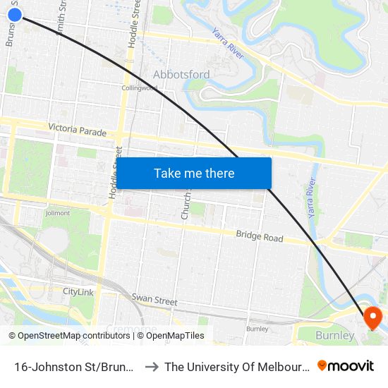 16-Johnston St/Brunswick St (Fitzroy) to The University Of Melbourne Burnley Campus map