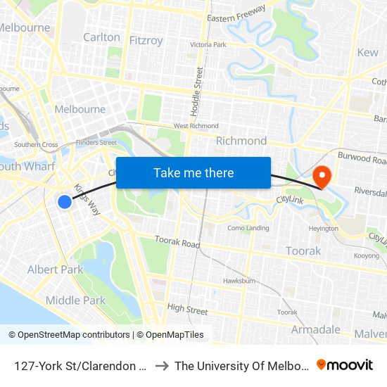 127-York St/Clarendon St (South Melbourne) to The University Of Melbourne Burnley Campus map