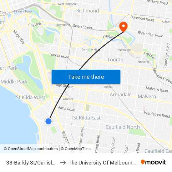 33-Barkly St/Carlisle St (St Kilda) to The University Of Melbourne Burnley Campus map