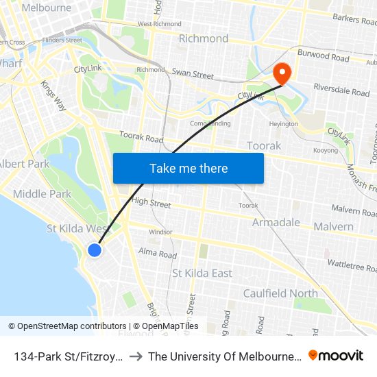 134-Park St/Fitzroy St (St Kilda) to The University Of Melbourne Burnley Campus map