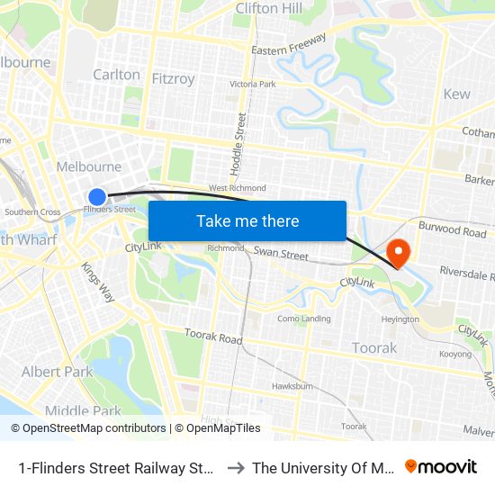 1-Flinders Street Railway Station/Elizabeth St (Melbourne City) to The University Of Melbourne Burnley Campus map
