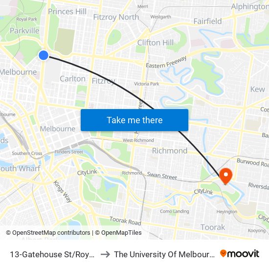 13-Gatehouse St/Royal Pde (Parkville) to The University Of Melbourne Burnley Campus map