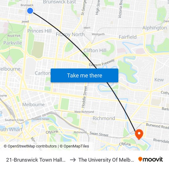 21-Brunswick Town Hall/Sydney Rd (Brunswick) to The University Of Melbourne Burnley Campus map