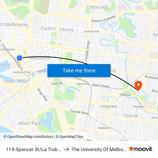 119-Spencer St/La Trobe St (Melbourne City) to The University Of Melbourne Burnley Campus map