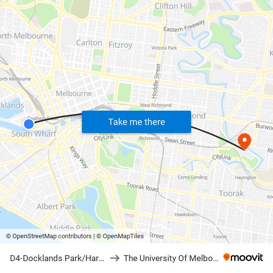 D4-Docklands Park/Harbour Esp (Docklands) to The University Of Melbourne Burnley Campus map