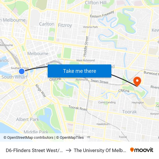 D6-Flinders Street West/Flinders St (Docklands) to The University Of Melbourne Burnley Campus map