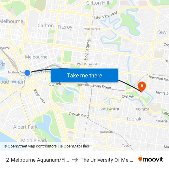 2-Melbourne Aquarium/Flinders St (Melbourne City) to The University Of Melbourne Burnley Campus map