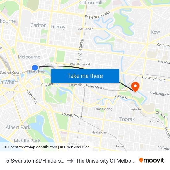 5-Swanston St/Flinders St (Melbourne City) to The University Of Melbourne Burnley Campus map
