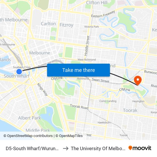 D5-South Wharf/Wurundjeri Way (Docklands) to The University Of Melbourne Burnley Campus map