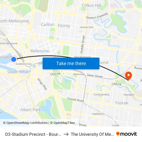 D3-Stadium Precinct - Bourke St/Harbour Esp (Docklands) to The University Of Melbourne Burnley Campus map