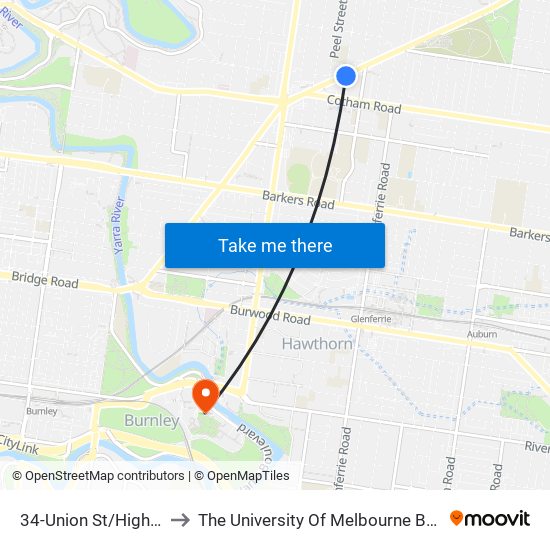 34-Union St/High St (Kew) to The University Of Melbourne Burnley Campus map