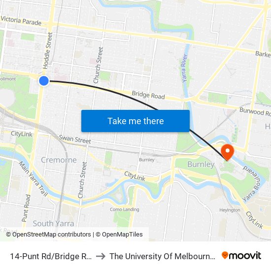 14-Punt Rd/Bridge Rd (Richmond) to The University Of Melbourne Burnley Campus map