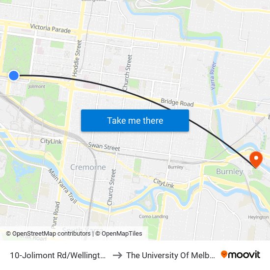 10-Jolimont Rd/Wellington Pde (East Melbourne) to The University Of Melbourne Burnley Campus map