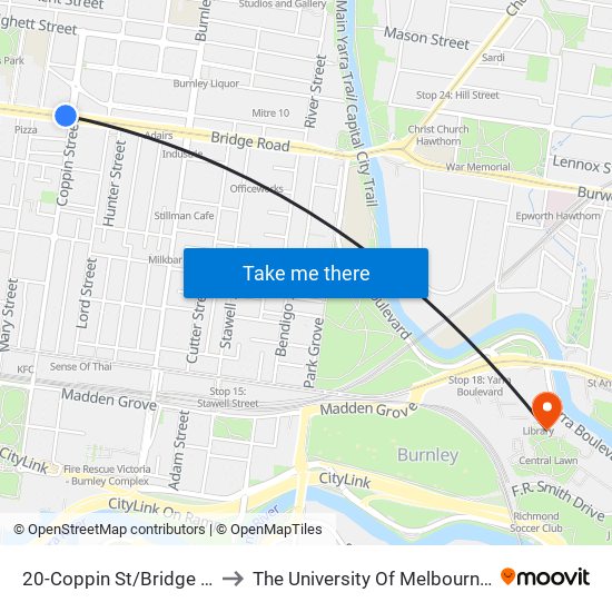 20-Coppin St/Bridge Rd (Richmond) to The University Of Melbourne Burnley Campus map