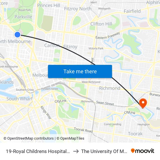 19-Royal Childrens Hospital/Flemington Rd (North Melbourne) to The University Of Melbourne Burnley Campus map