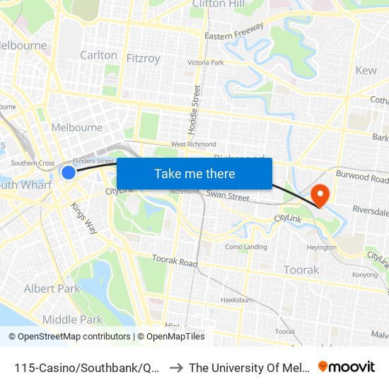 115-Casino/Southbank/Queens Bridge St (Southbank) to The University Of Melbourne Burnley Campus map
