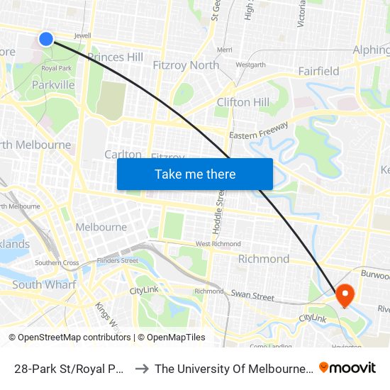 28-Park St/Royal Park (Parkville) to The University Of Melbourne Burnley Campus map