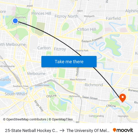 25-State Netball Hockey Centre/Royal Park (Parkville) to The University Of Melbourne Burnley Campus map