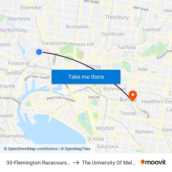 30-Flemington Racecourse/Epsom Rd (Flemington) to The University Of Melbourne Burnley Campus map