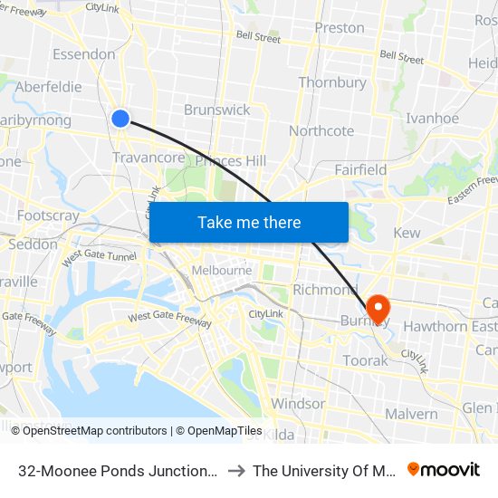 32-Moonee Ponds Junction/Pascoe Vale Rd (Moonee Ponds) to The University Of Melbourne Burnley Campus map