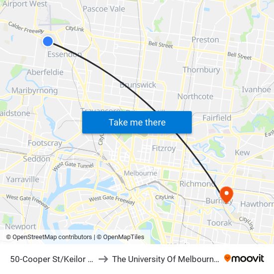 50-Cooper St/Keilor Rd (Essendon) to The University Of Melbourne Burnley Campus map