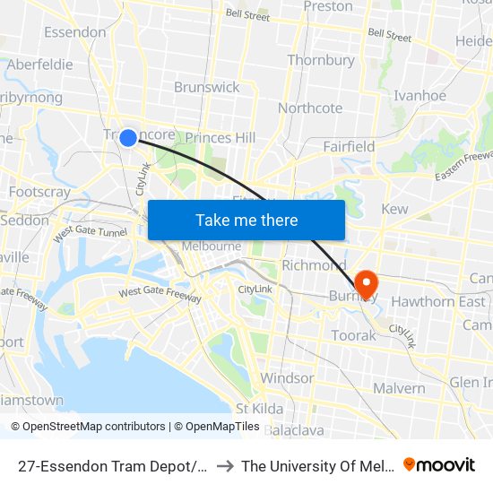 27-Essendon Tram Depot/Mt Alexander Rd (Ascot Vale) to The University Of Melbourne Burnley Campus map