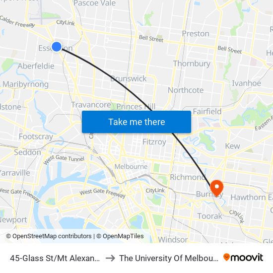 45-Glass St/Mt Alexander Rd (Essendon) to The University Of Melbourne Burnley Campus map
