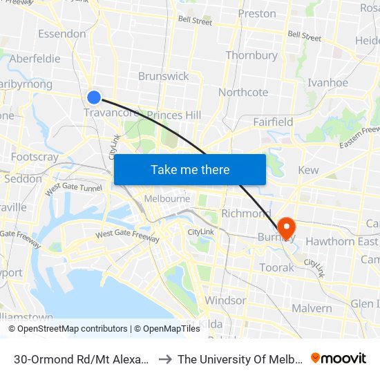 30-Ormond Rd/Mt Alexander Rd (Moonee Ponds) to The University Of Melbourne Burnley Campus map
