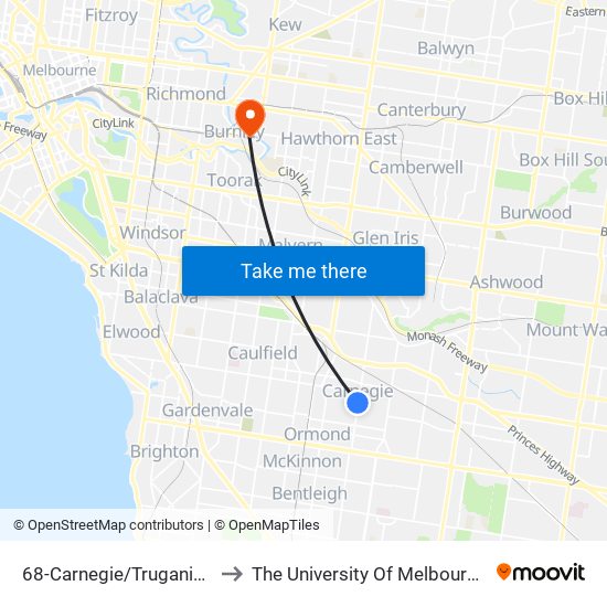 68-Carnegie/Truganini Rd (Carnegie) to The University Of Melbourne Burnley Campus map