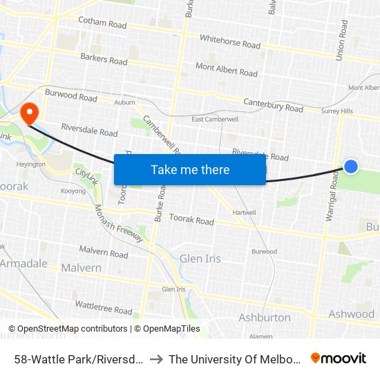 58-Wattle Park/Riversdale Rd (Surrey Hills) to The University Of Melbourne Burnley Campus map