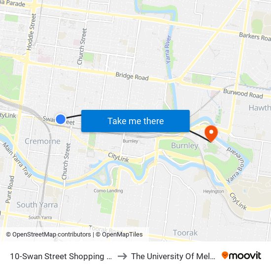 10-Swan Street Shopping Centre/Swan St (Richmond) to The University Of Melbourne Burnley Campus map