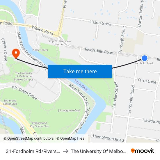 31-Fordholm Rd/Riversdale Rd (Hawthorn) to The University Of Melbourne Burnley Campus map