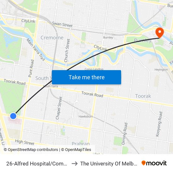 26-Alfred Hospital/Commercial Rd (South Yarra) to The University Of Melbourne Burnley Campus map