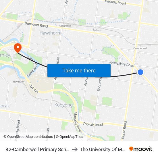 42-Camberwell Primary School/Camberwell Rd (Camberwell) to The University Of Melbourne Burnley Campus map