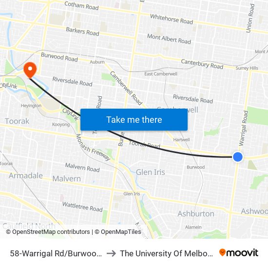 58-Warrigal Rd/Burwood Hwy (Camberwell) to The University Of Melbourne Burnley Campus map