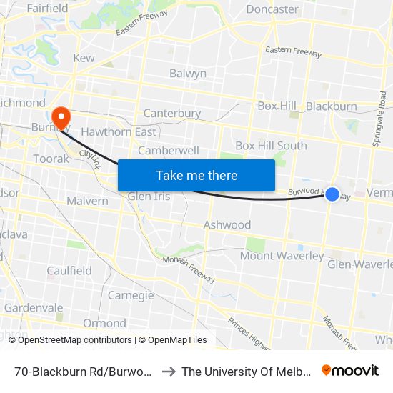 70-Blackburn Rd/Burwood Hwy (Burwood East) to The University Of Melbourne Burnley Campus map