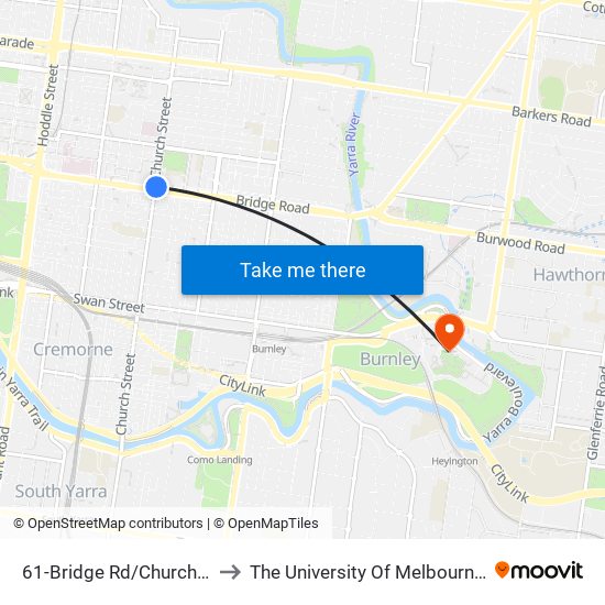 61-Bridge Rd/Church St (Richmond) to The University Of Melbourne Burnley Campus map