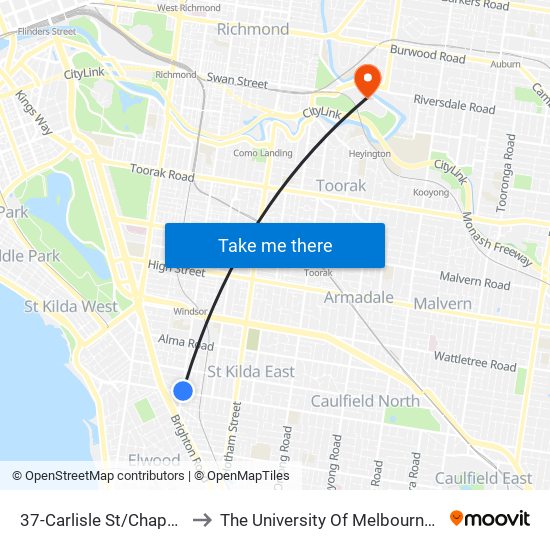 37-Carlisle St/Chapel St (St Kilda) to The University Of Melbourne Burnley Campus map